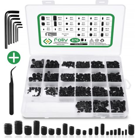 Lot de 676 vis sans tête M2, M3, M4, M5, M6, M8, vis sans tête à six pans creux DIN 913, vis à tête hexagonale avec clé pour poignée de porte, poignée de porte, support (1/5)