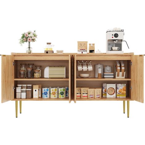 Buffet et Enfilade avec 4 Portes et Étagères Réglables, Pieds Métal Doré, Style Moderne, en MDF, Naturel, 140×38×75 cm