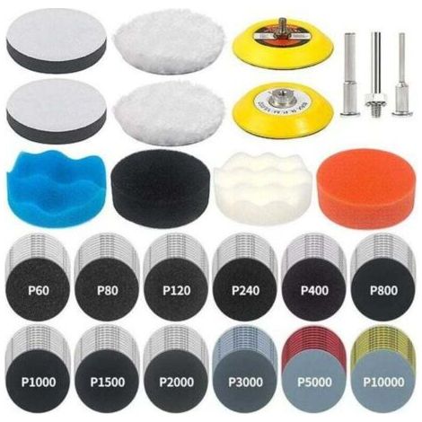 This 133-piece, 7.6 cm (3-inch) sanding and polishing kit includes sandpaper discs, sandpaper discs with Velcro straps, polishing pads, and much more.