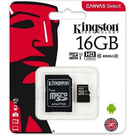 Carte Mémoire Kingston Micro Sd 16 Go Classe 10 Micro Sd 80 Mo/s Canvas 16 Go
