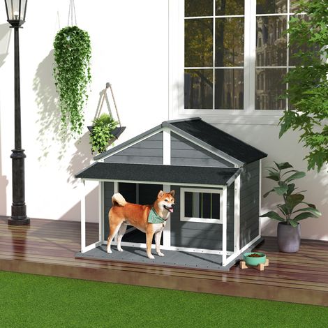 Cuccia per cani da esterno, con veranda inclusa, resistente alle intemperie, 124 cm x 112 cm x 105 cm, grigio + bianco
