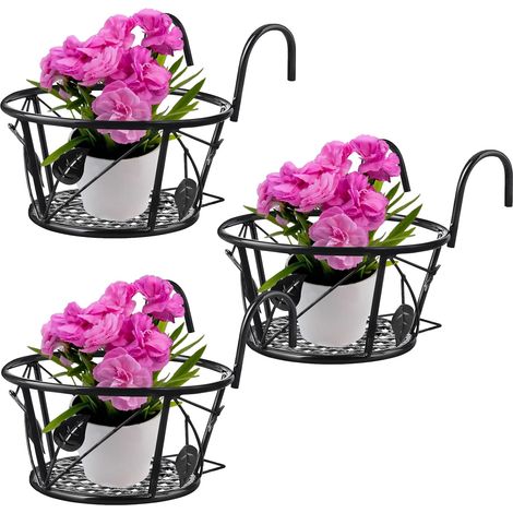 3 Pieces Metal Planter for Railing, Round Flowers Hanging Hook Hanging Railing Planters Flower Pot Holders Hanging Flower Pots for Garden Indoor Outdoor (1/5)