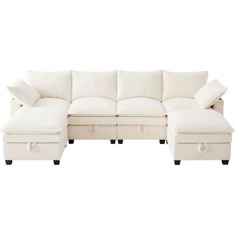 Sofá modular en L de pana beige con USB, almacenaje y portavasos, HOMVRA (1/5)