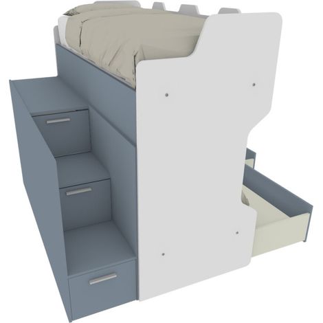 Letto a castello con scala contenitore e terzo letto estraibile - Cameretta salvaspazio - Bianco e Avio