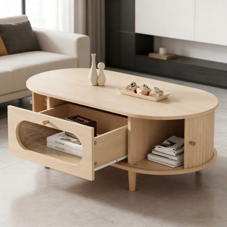 Ensemble de tables basses pour salon — Finition aspect bois. Comprend : une table basse avec un tiroir  une table d'appoint avec des portes coulissantes  et une table de salon à quatre pieds.
