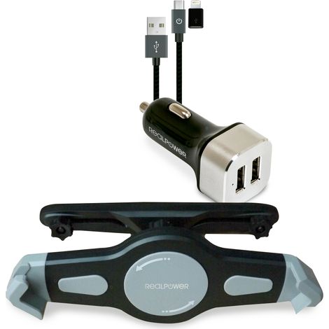 RealPower Tablet Car Set Zubehoer-Set fuer Tablets Soporte activo para teléfono móvil Tablet/UMPC Negro, Plata