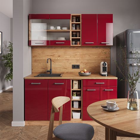 Cucina completa R-Line, Bordeaux lucido/rovere dorato, 160 cm senza piano di lavoro, Vicco