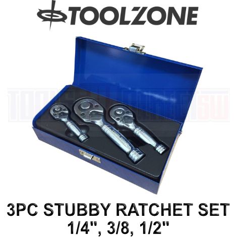 Quality 3 x 72 Teeth Stubby Ratchet Tool Set 1/4, 3/8, 1/2 Drive in Metal Case (1/3)