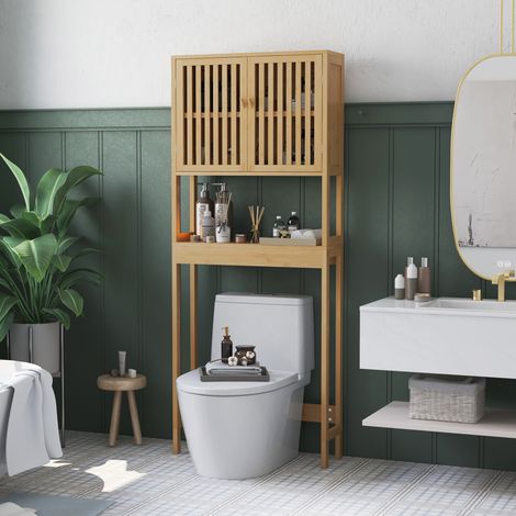 Étagère Dessus Toilette WC Salle de Bain, Placard 2 Portes, Étagère Ouverte, Bambou (1/5)