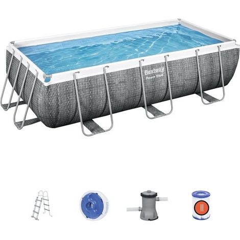Bestway 56721-GS19 Power Steel Piscina Fuori Terra Rettangolare 404x201x100 cm 6478 L con Pompa Filtro Scaletta e ChemConnect colore Rattan Grigio Scuro