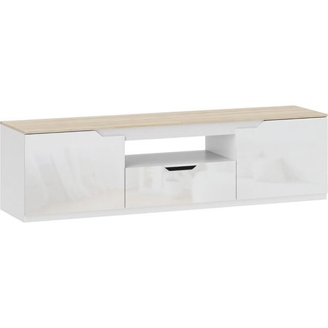 Meuble tv 160 x 38 x 43 cm 3 compartiments tiroir finition brillante aspect bois naturel (1/5)