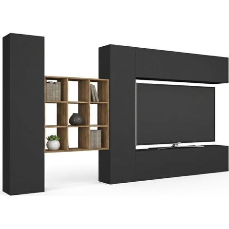 Dmora - Pared Equipada Dfallic, Conjunto de salón Mueble TV con 4 puertas, Mueble de salón polivalente, 100% Made in Italy, cm 350x30h180, Antracita