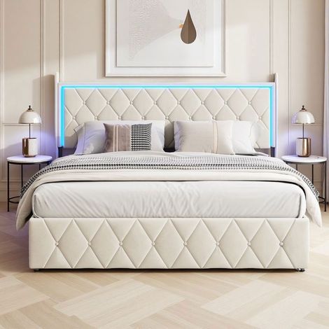 Bett 140x190 cm mit LED und Stauraum - Bett 140x190 cm - USB - Erwachsenenbett 140x190 cm - Lattenrost inklusive - Beige (1/5)