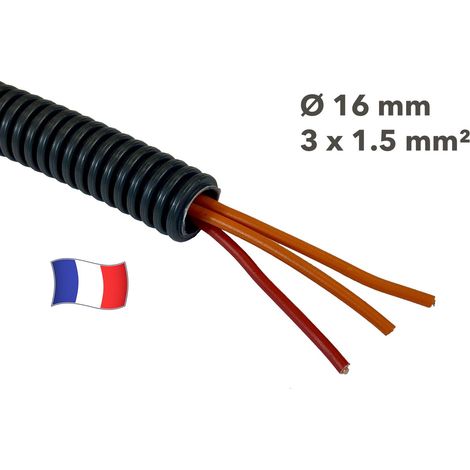 Gaine électrique préfilée 5 mètres diam 16 avec 3 fils Rouge, Orange, Orange 1.5 mm² - PREFA ELEC (1/2)