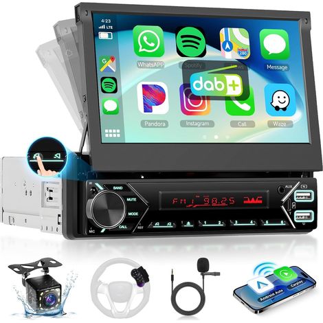 Dab Autoradio 1 din Carplay sans Fil Android Auto avec Écran Automatique Rétractable de 7 Pouces, Poste Radio Voiture Bluetooth Ecran Tactile avec Lien Miroir/FM/USB/AUX/TF+Caméra de recul (1/5)