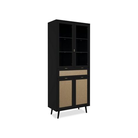 Calicosy – Buffet haut 4 portes 1 tiroir 80x40x195,1 cm noir et naturel – Panneaux mélaminés – Finition papier décor cannage (1/4)
