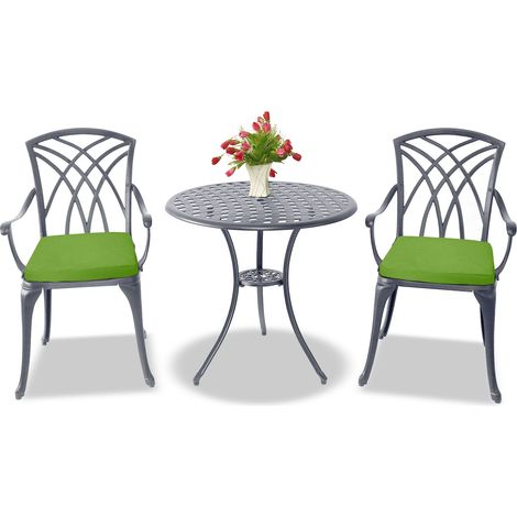 Centurion Supports OSHOWA Luxurious Garden & Patio Table & 2 Chairs Cast Aluminium Bistro Set - Grey with Green Cushions (1/5)