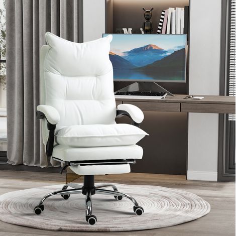 Silla de oficina 66x72x122-130 cm blanca de metal con respaldo reclinable y reposapiés (1/3)