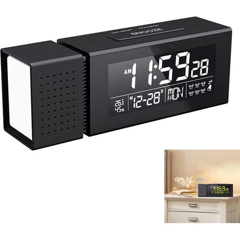 Radiosveglia a LED a 7 colori con luce notturna, radio FM, 6 orari di allarme, sensore di movimento a infrarossi, visualizzazione di temperatura e umidità, uscita USB e modalità 12/24 ore.