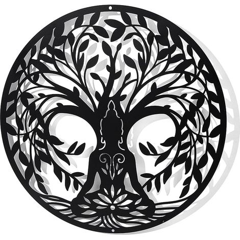 Árbol de la Vida Yoga Arte de Pared Metálico, Silueta Negra Decorativa para Colgar en la Pared, Perfecto para Dormitorio, Sala de Estar, Baño, Cocina, Oficina u Hotel, 30 x 30 cm.