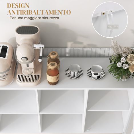 Buffet roulant blanc 120x37x81,5 cm : meuble de rangement à 4 étagères ajustables ouvertes et armoire à porte grillagée, fabriqué en panneaux de particules et acier. (1/5)