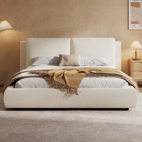 Etagenbett 180/200 cm in bouclé beige con contenitore e rete a doghe