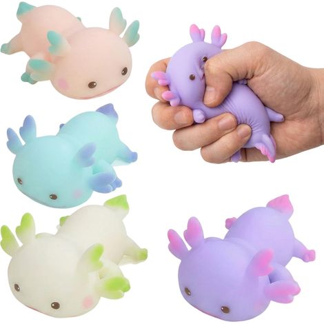 Lot de 4 figurines Axolotl Squishy, anti-stress, pour tous les âges, pour bureau et école, décoration en bleu, violet, rose et blanc (1/5)