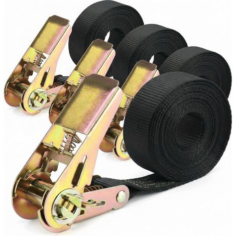Lot de 4 sangles d'arrimage avec cliquet, 6m x 25mm, 800kg, pour voiture, moto, remorque