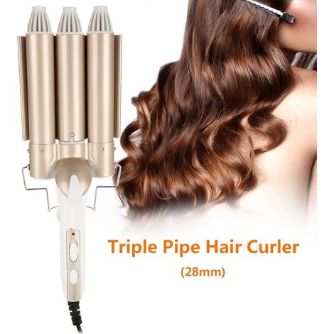 Fer à friser céramique triple barillet, température réglable, lisseur boucleur professionnel pour cheveux, outil de coiffage multi-tubes, brun, 3 pièces (1/5)