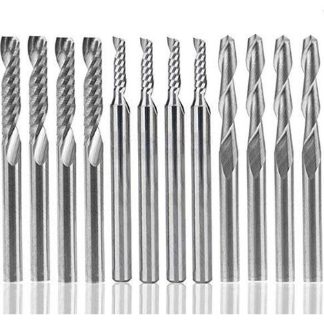 Set of 12 carbide end mills, 4 two-flute CNC end mills (3.175 mm) + 8 single-flute end mills (2 versions) for nylon, resin, ABS, acrylic, PVC, MDF and wood (1/5)