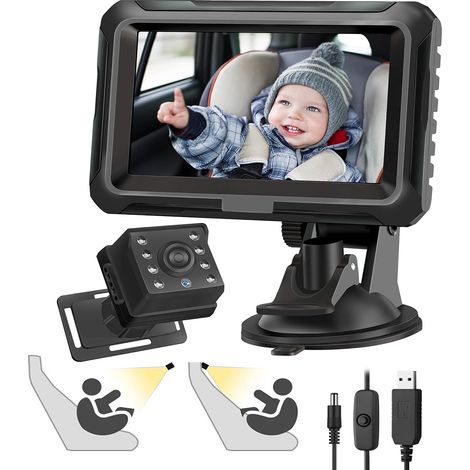 Caméra de surveillance bébé pour voiture, rétroviseur pour siège arrière bébé 1080p, connexion USB Plug-and-Play, rétroviseur bébé avec vision nocturne HD et angle de vision de 150°, rétroviseur de vo