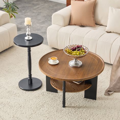 Set de 2 mesas redondas 80x80x47/38x38x67 cm nogal y negro en MDF con bordes redondeados (1/5)