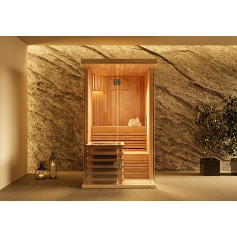 FinnTherm Innensauna Milla Innensauna 1 Sitzbänke aus Holz, Saunakabine mit 68 mm Wandstärke, Dampfsauna mit Montagematerial (1/5)