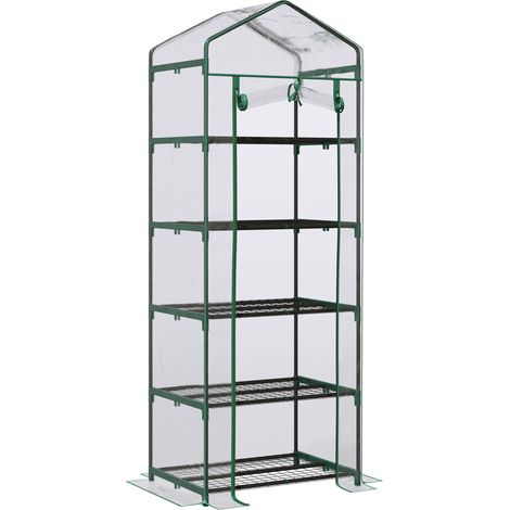 5 Tier Mini Greenhouse, Small Walk-in Greenhouse with Reinforced Plastic Cover, Garden Grow House with Roll Up Door and Shelves, 69 x 49 x 193cm, Green