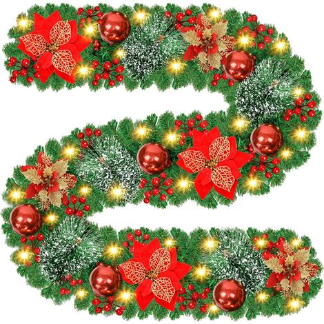 Guirlande Noël 2,7 m lumières - Couronne boules fleurs baies - Escaliers (1/5)