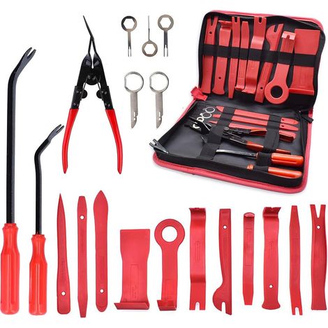 Juego de 19 herramientas de plástico para desmontar molduras con bolsa, kit de herramientas mecánicas para automóviles para accesorios de paneles de puertas, radio y tablero (rojo) (1/5)