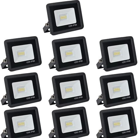 Projecteur LED Exterieur,10W 1000LM Spot LED Extérieur,6000K Lumière Extérieure,IP66 Etanche Eclairage de Sécurité,pour Jardins,Garages,Cours,Parkings,Chantiers,etc(Blanc froid-10pcs,10W)