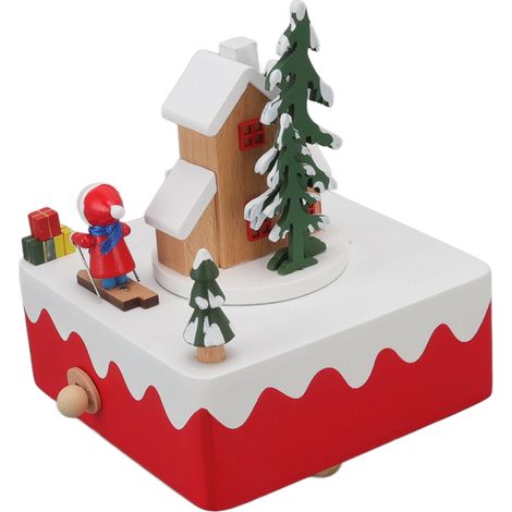 Handgefertigte, drehbare Spieluhr aus Holz, Spielzeug, Dekoration, Weihnachtsgeschenk, Schneemänner auf einem rot-weißen Schlitten (1/5)