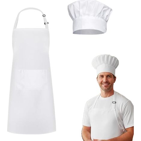 Costume de chef pour homme, avec tablier blanc, tablier à bavette réglable, tablier de cuisine haut, toque élastique, tablier de cuisine pour la cuisine, la maison, le restaurant, l'hôtel (1/5)