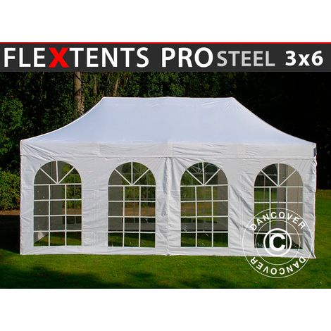Pop up gazebo FleXtents PRO Steel Vintage Style 3x6 m White, incl. 6 sidewalls