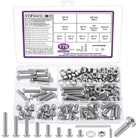 178 Pcs M6 Set di Vis Et Écrous，Assortiment de Vis à Tête Creuse Hexagonale Jeu de Vis, Écrous et Rondelles à Tête Ronde à Six Pans Creux Argentés et Clés，Acier Au Carbone 10.9 (1/5)