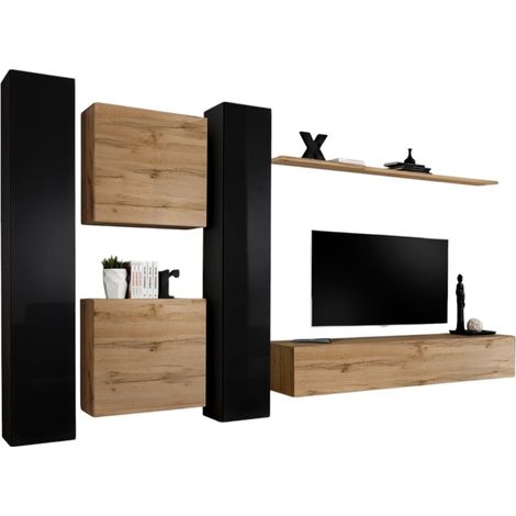 Set di mobili sospesi per il tuo salotto della collezione SWITCH VI. Colori rovere Wotan e nero lucido.