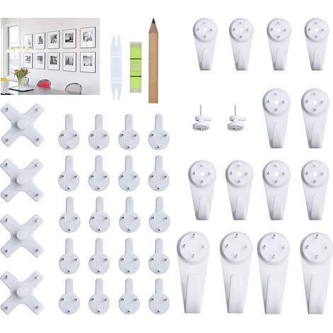 Set di 43 ganci per appendere quadri senza foratura, bianchi, da parete, in plastica, per appendere cornici, foto e cappelli (1/4)