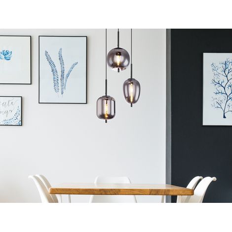 LED Pendelleuchte Metall Schwarz mit 3 Rauchglaskugeln, Ø 46cm (1/5)