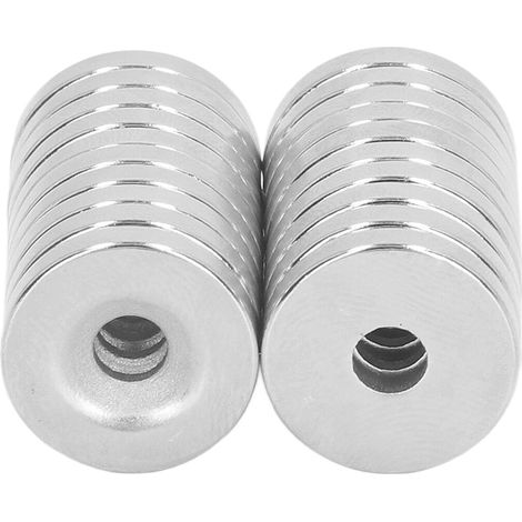 Lot de 20 aimants disques en néodyme, puissants, avec trou fraisé de 4 mm, en terres rares, pour atelier d'outillage, sciences, loisirs créatifs et bureau. (1/5)