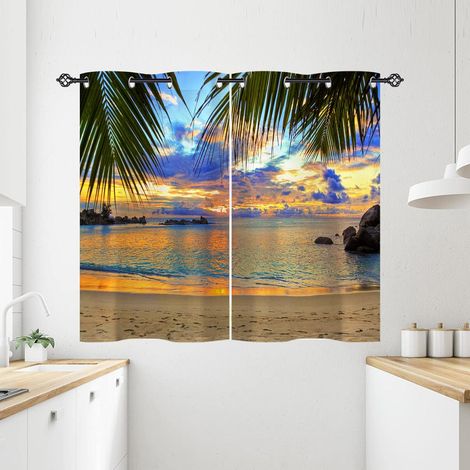 Rideau Occultant Tropical Plage Feuille de Palmier Rideau Thermique Isolant Draperies Intérieurs Tenture Opaque à Oeillets pour Maison Chambre Salon Fenetre 2 Pièces L 71 x H 138 cm - 71L X 138H cm (2 (1/5)