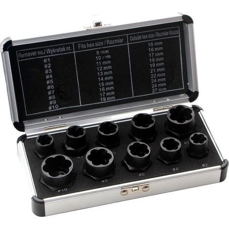 Jeu de douilles spiralées/extracteur de vis 10 mm (3/8") profil hélicoïdal 9-19 mm 10 pièces (1/4)