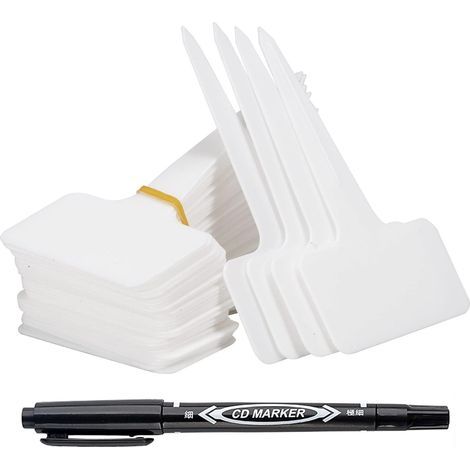 100 etiquetas para jardín exterior, marcadores de plástico tipo T para plantas, etiquetas para huerto con bolígrafo impermeable, etiquetas reutilizables y accesorios para plantas (blanco) (1/5)