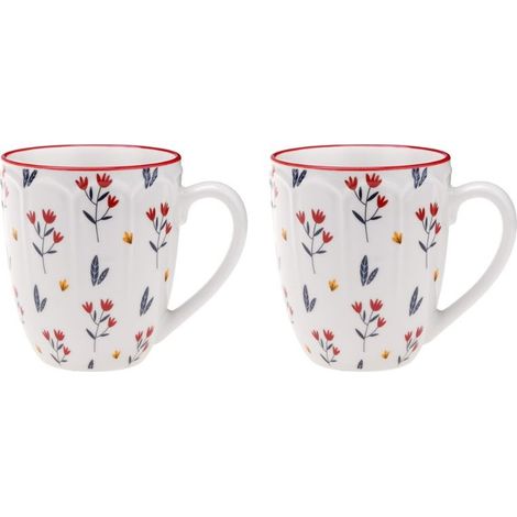 Taza de porcelana con flores exóticas, 360 ml. Porcelana New Bone blanca y roja con estampado de flores coloridas. 3 unidades (2 unidades). (1/5)