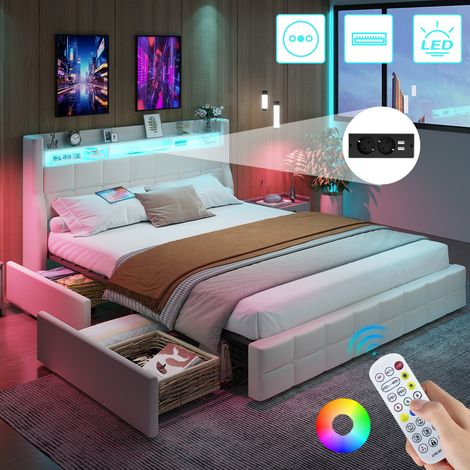Lit 140x190 avec sommier LED et USB, lit double rembourré avec sommier à Lattes et 4 Tiroirs, tete de lit avec rangement, 2 personnes pour adultes et adolescents, PU (Beige, 140 x 190 cm) (1/5)